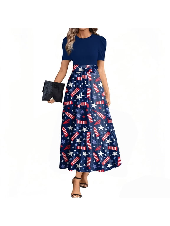 Women's Patriotic Star Print T-Shirt Patchwork Maxi Dress, Elegant Summer Holiday Beach Long Dress with & Belt for 4th of July ,Blue 2XL