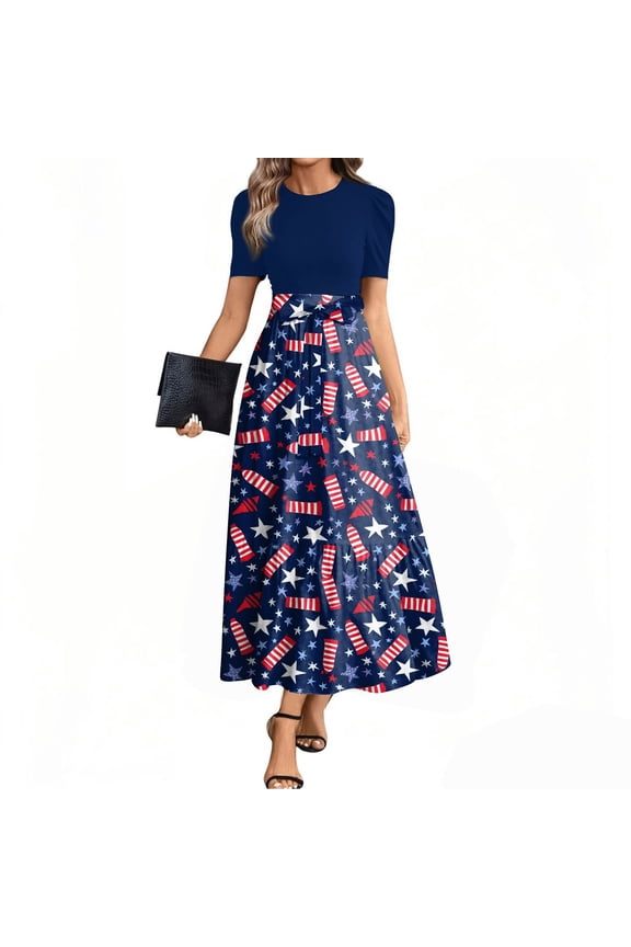Women's Patriotic Star Print T-Shirt Patchwork Maxi Dress, Elegant Summer Holiday Beach Long Dress with & Belt for 4th of July ,Blue S