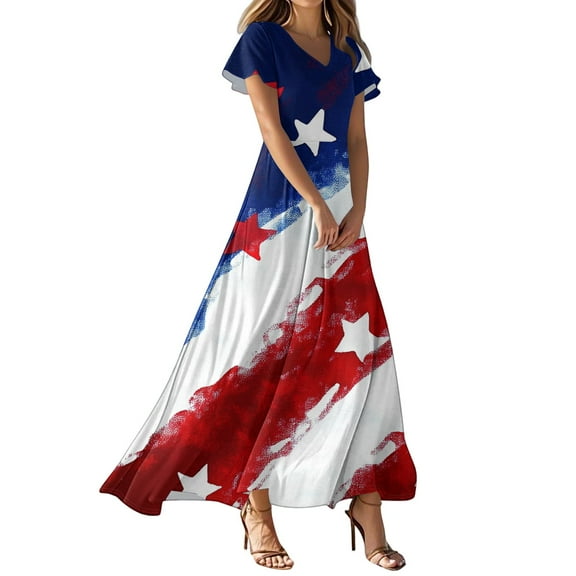 Women's Patriotic Star Print V-Neck Short Sleeve Maxi Dress, Flowing A-Line Summer Casual Dress for 4th of July & Beach Vacations,Vermilion M