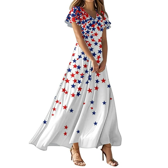 Women's Patriotic Star Print V-Neck Short Sleeve Maxi Dress, Flowing A-Line Summer Casual Dress for 4th of July & Beach Vacations,White XL