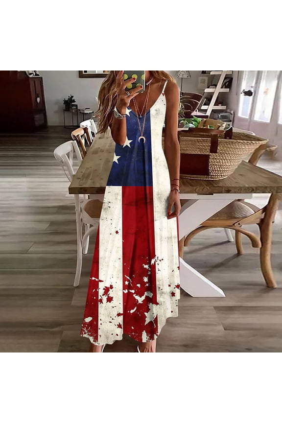 Women's Patriotic Star Print V-Neck Spaghetti Strap Maxi Dress, Casual 4th of July Summer Holiday Sundress for Women Multicolor f XXXL