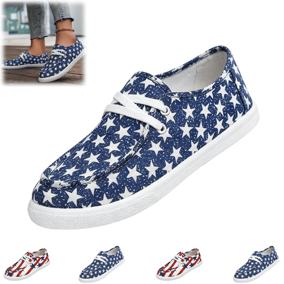 Women's Patriotic Star & Stripe Canvas Slip-On Shoes 4th of July Casual Loafers Lightweight Lace-Up Sneakers for Summer,Blue,44