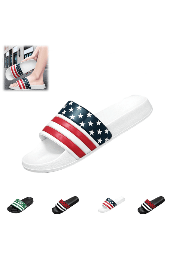 Women's Patriotic Star Stripe Slides, Lightweight Cushioned Non-Slip Summer Sandals, Casual Slip-On Slippers for 4th of July, Beach, Pool & Daily Wear,White,43