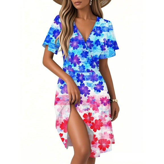 Women's Patriotic Star & Stripe V-Neck Short Sleeve Midi Dress, Summer Casual Comfortable A-Line Dress for Independence Day 4th of July,Blue L