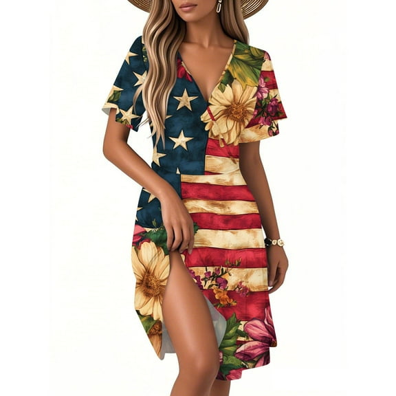 Women's Patriotic Star & Stripe V-Neck Short Sleeve Midi Dress, Summer Casual Comfortable A-Line Dress for Independence Day 4th of July,Khaki S
