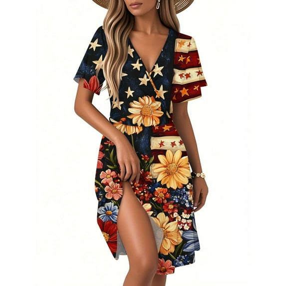 Women's Patriotic Star & Stripe V-Neck Short Sleeve Midi Dress, Summer Casual Comfortable A-Line Dress for Independence Day 4th of July,Orange S