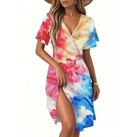 Women's Patriotic Star & Stripe V-Neck Short Sleeve Midi Dress, Summer Casual Comfortable A-Line Dress for Independence Day 4th of July,Pink L