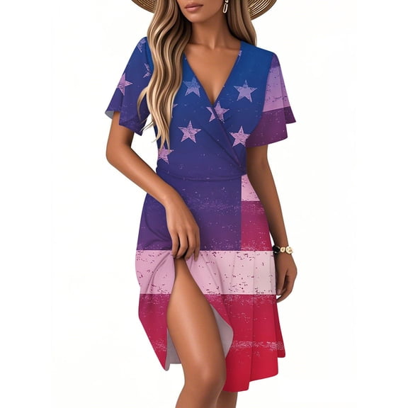 Women's Patriotic Star & Stripe V-Neck Short Sleeve Midi Dress, Summer Casual Comfortable A-Line Dress for Independence Day 4th of July,Purple XL