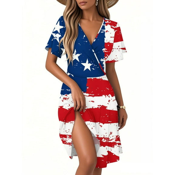 Women's Patriotic Star & Stripe V-Neck Short Sleeve Midi Dress, Summer Casual Comfortable A-Line Dress for Independence Day 4th of July,Red L