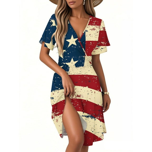 Women's Patriotic Star & Stripe V-Neck Short Sleeve Midi Dress, Summer Casual Comfortable A-Line Dress for Independence Day 4th of July,Wine M