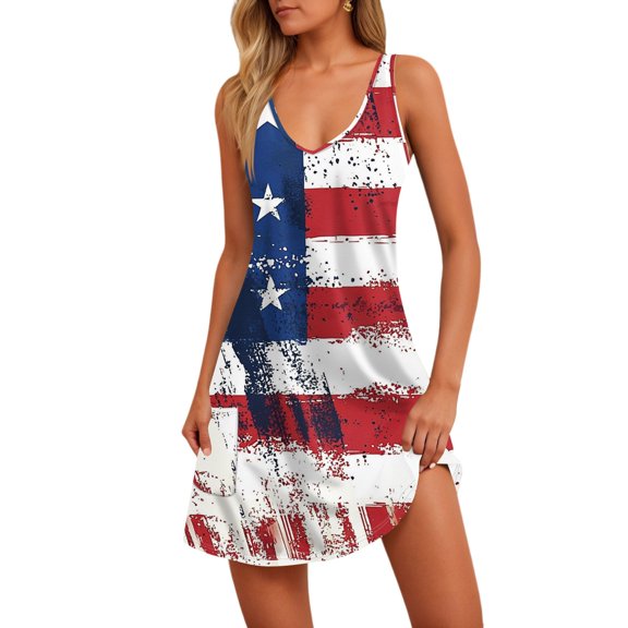 Women's Patriotic Stars & Stripes Print Sleeveless Tank Dress,Sexy V-Neck Casual Summer Beach Mini Dress with Pockets for 4th of July,Watermelon Red M