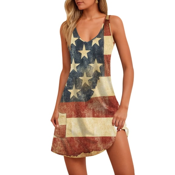 Women's Patriotic Stars & Stripes Print Sleeveless Tank Dress,Sexy V-Neck Casual Summer Beach Mini Dress with Pockets for 4th of July,Vermilion L