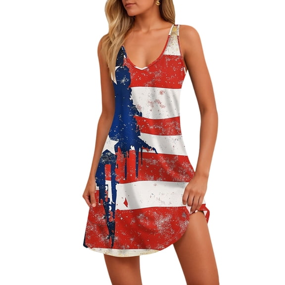Women's Patriotic Stars & Stripes Print Sleeveless Tank Dress,Sexy V-Neck Casual Summer Beach Mini Dress with Pockets for 4th of July,Wine M