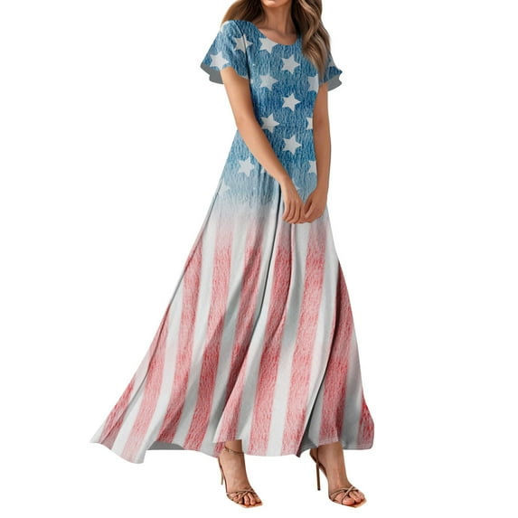 Women's Patriotic Stars and Stripes O-Neck High Waist Maxi Dress, Casual Short Sleeve Summer Independence Day Outfit 4th of July,Blue L