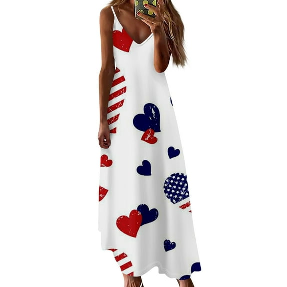Women's Patriotic Stars and Stripes Sleeveless Maxi Dress, Casual Summer Beach Sundress for Independence Day 4th of July ,Cyan L