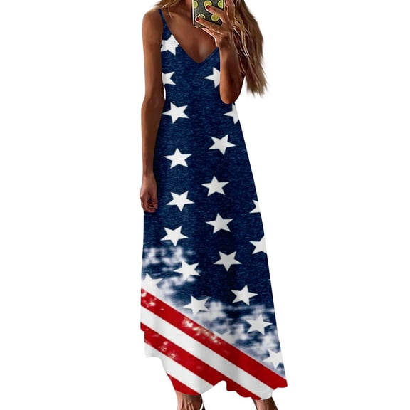 Women's Patriotic Stars and Stripes Sleeveless Maxi Dress, Casual Summer Beach Sundress for Independence Day 4th of July ,Dark Blue S
