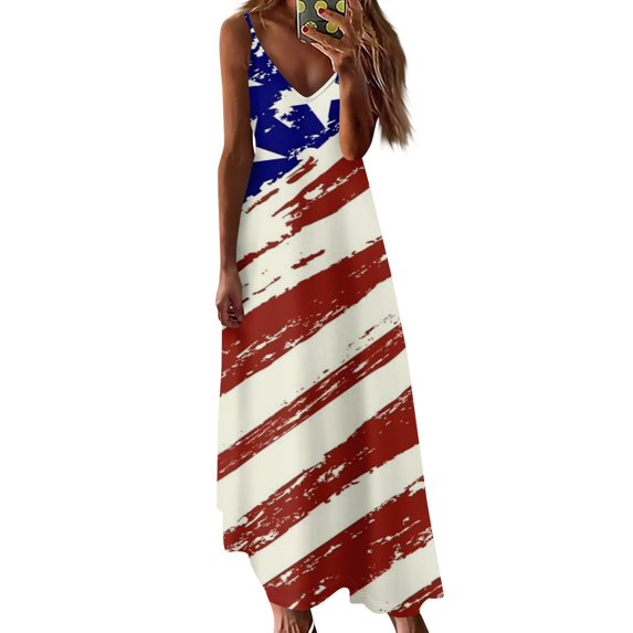 Women's Patriotic Stars and Stripes Sleeveless Maxi Dress, Casual Summer Beach Sundress for Independence Day 4th of July ,Red L