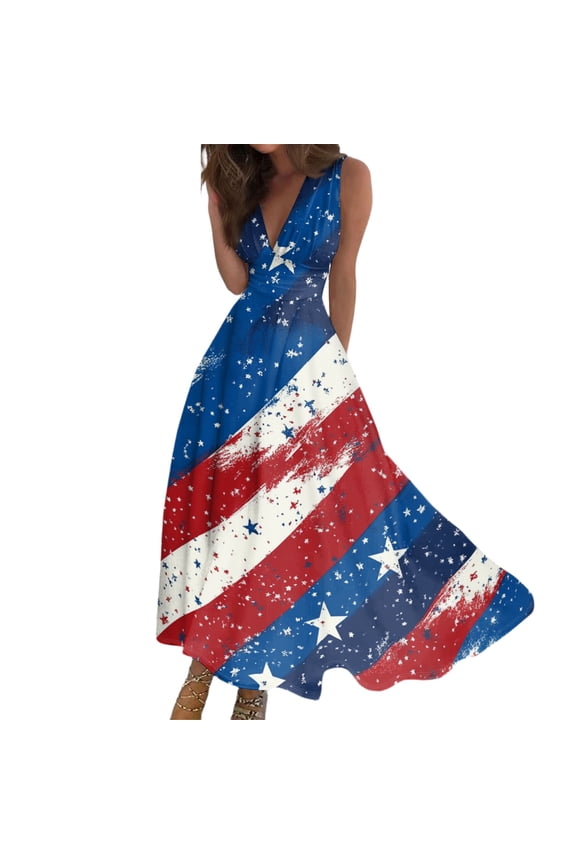 Women's Patriotic Stars and Stripes V-Neck Sleeveless Maxi Dress, Casual Summer Beach Party Long Dress for Independence Day Outfit 4th of July,Blue L