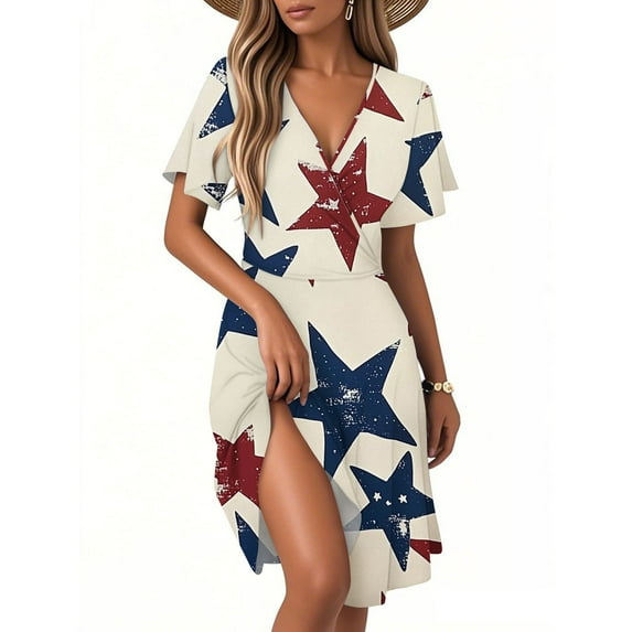 Women's Patriotic Summer V-Neck Star Print Dress, Short Sleeve Casual Beach Sundress for Independence Day 4th of July,Beige L