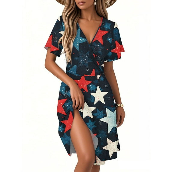 Women's Patriotic Summer V-Neck Star Print Dress, Short Sleeve Casual Beach Sundress for Independence Day 4th of July,Navy M