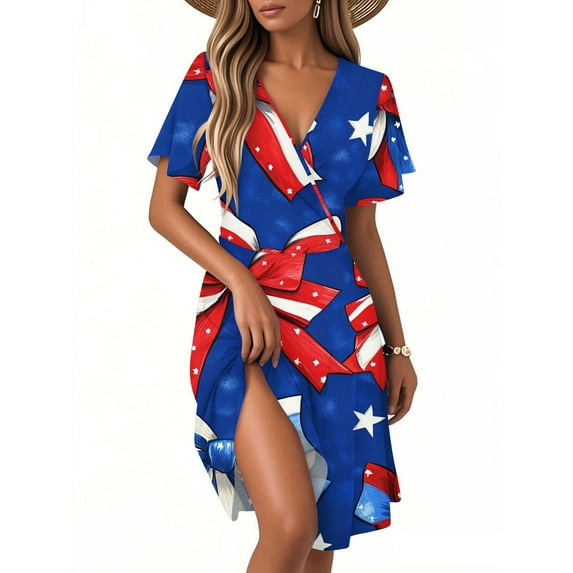 Women's Patriotic Summer V-Neck Star Print Dress, Short Sleeve Casual Beach Sundress for Independence Day 4th of July,Royal Blue 2XL