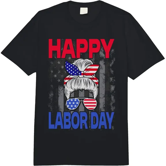 Women's Patriotic USA Flag Messy Bun Labor Day T-Shirt