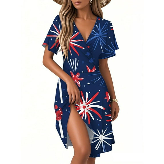 Women's Patriotic USA Flag Printed Midi Dress,Sexy V-Neck Short Sleeve Summer Dress for 4th of July Independence Day Celebrations,Blue L