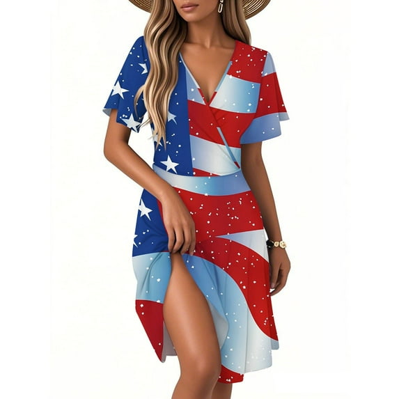 Women's Patriotic USA Flag Printed Midi Dress,Sexy V-Neck Short Sleeve Summer Dress for 4th of July Independence Day Celebrations,Red 2XL