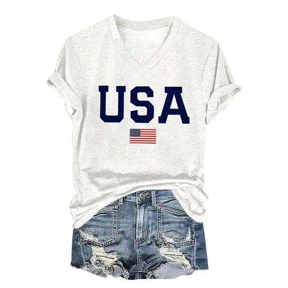 Women's Patriotic V Neck T-Shirt American Flag Graphic Tee Casual Going Out Blouse for 4th of July Memorial Day Summer