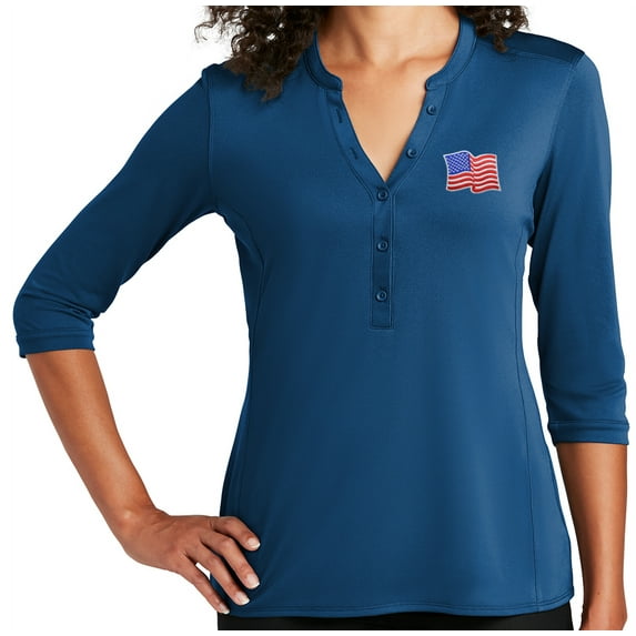 Women's Patriotic Waving American Flag 5-button 3/4 Sleeve Henley Shirt, XL True Blue