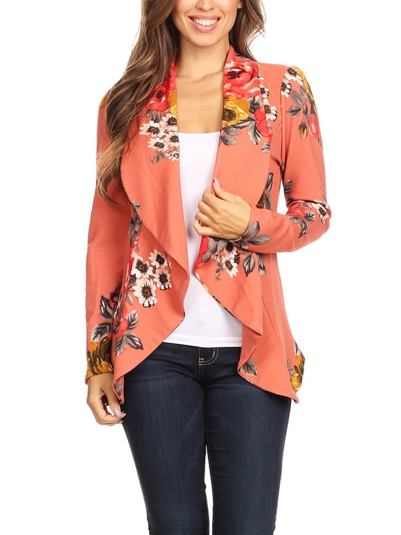 Women's Pattern Print Casual Office Long Sleeve Open Front Blazer jacket Floral Dark Coral 2XL