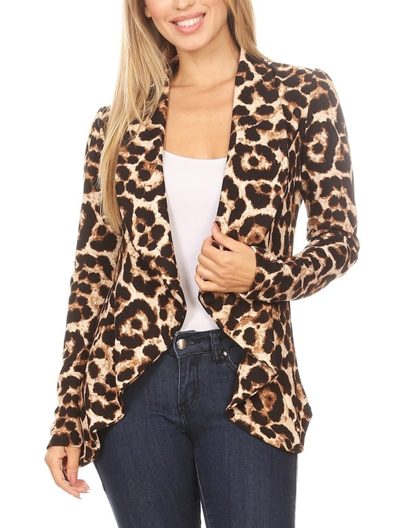 Women's Pattern Print Casual Office Long Sleeve Open Front Blazer jacket Animal Mocha4 3XL