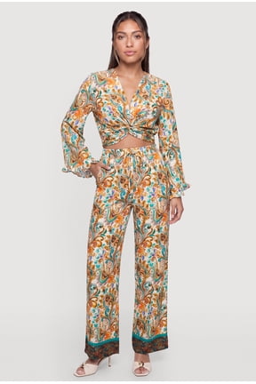 Women's Patterned Drawstring Detail Pull On Pants