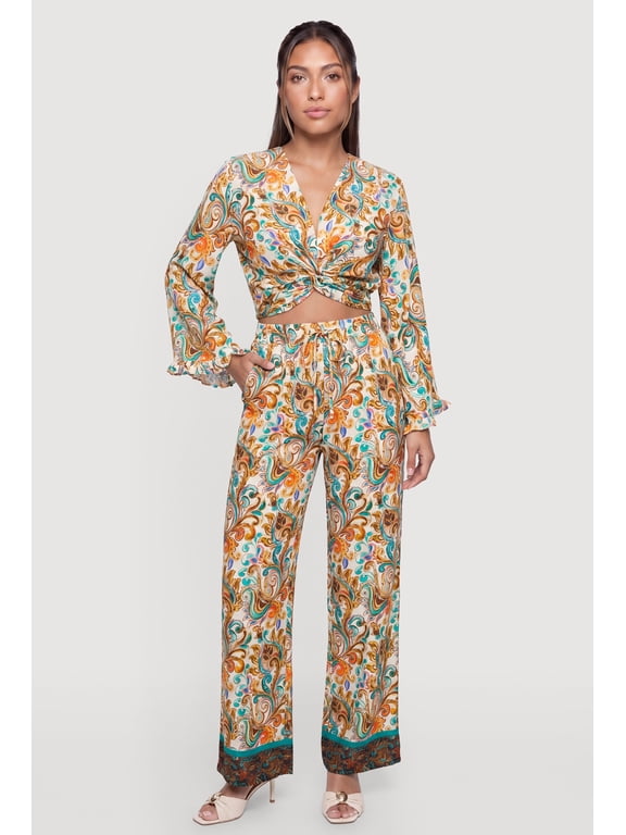Women's Patterned Drawstring Detail Pull On Pants