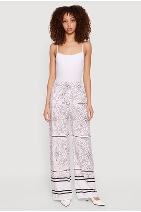 Women's Patterned Drawstring Detail Pull On Wide Leg Pants