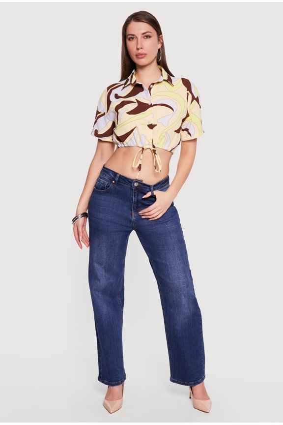 Women's Patterned Drawstring Waist Crop Top