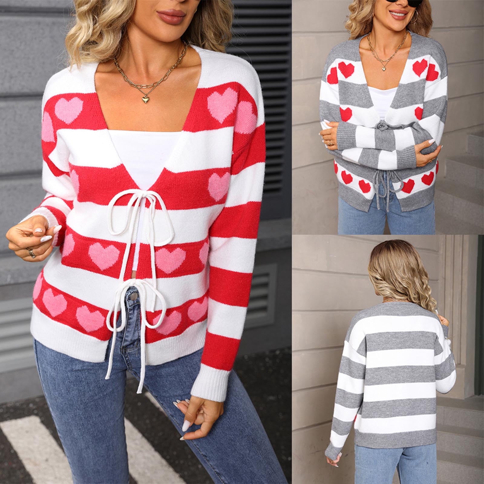 Women's Patterned Long Sleeve Tether Cardigan Sweater Coat Jacket, Fall Winter Warm Knit Pullover, Loose Fit Casual Outerwear, Fashion Gift for Women | CSEONE,Gray XL