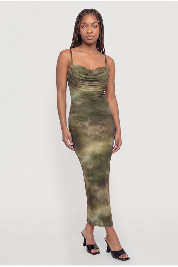 Women's Patterned Mesh Keyhole Back Cowl Neck Bustier Dress