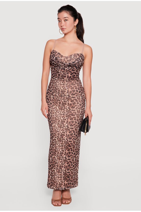 Women's Patterned Mesh Keyhole Back Cowl Neck Bustier Dress