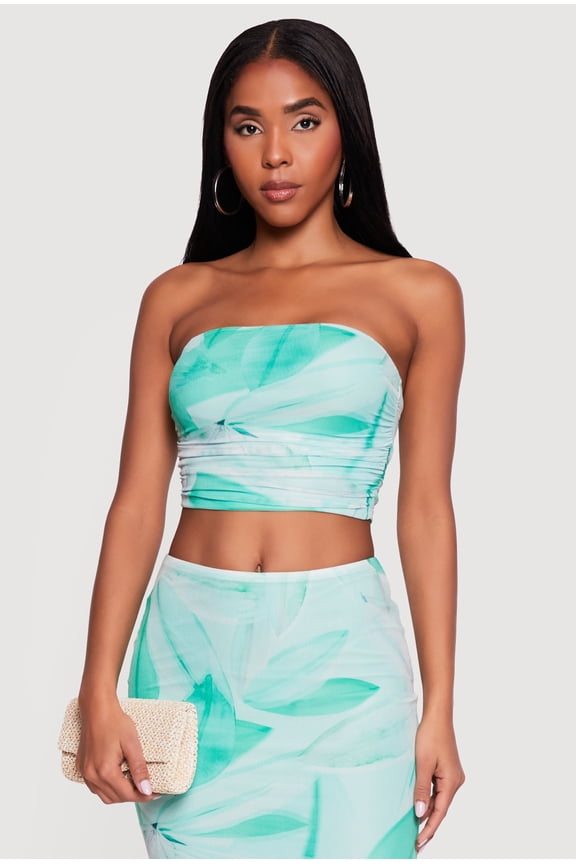 Women's Patterned Mesh Ruched Side Cropped Tube Top