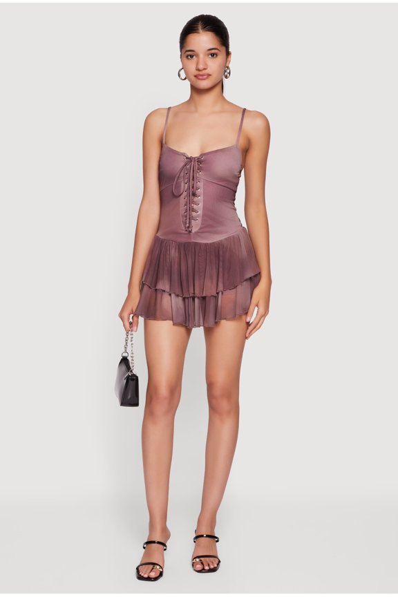 Women's Patterned Mesh Ruffle Trim Lace Front Mini Dress