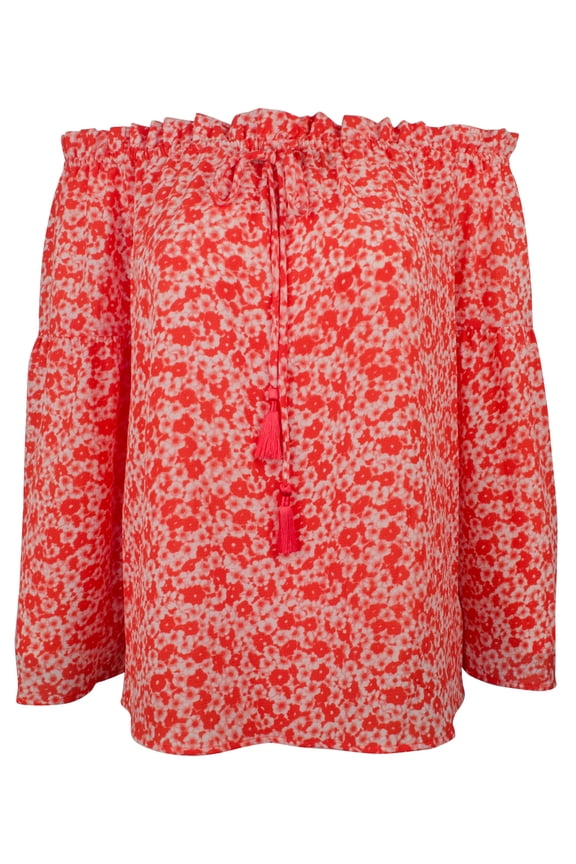 Women's Patterned Off-The-Shoulder Bell Sleeve Tassel Top W Small