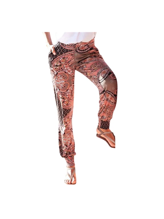 Women's Patterned Pants High Waist Elastic Trousers Retro Print Casual Loose Fit Daily Bottom