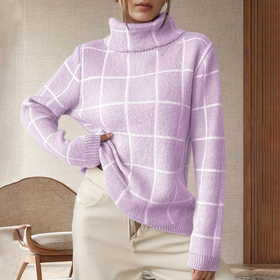 Women's Patterned Pullover Sweater Checkered High Neck Loose Fit Long Sleeve Top