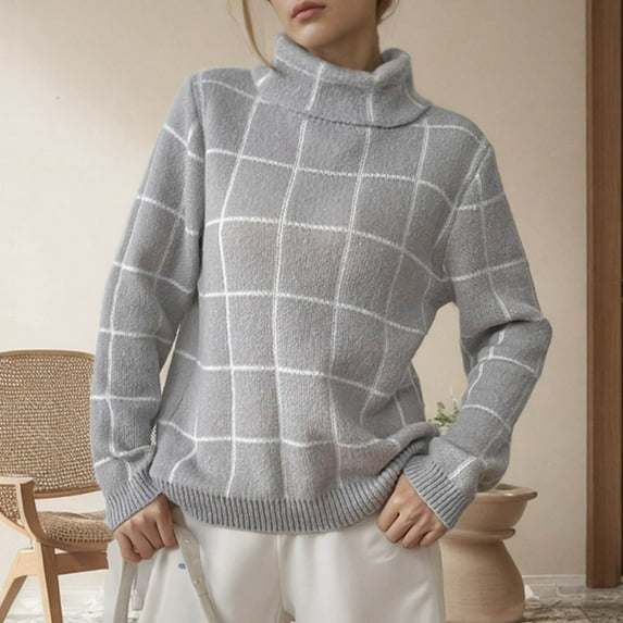Women's Patterned Pullover Sweater Checkered High Neck Loose Fit Long Sleeve Top