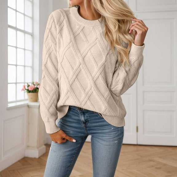 Women's Patterned Pullover Sweater Soft Knit Fabric Loose Fit Crewneck Casual Comfortable Everyday Wear Elegant Textured Yarn Cozy Winter Fall Garment