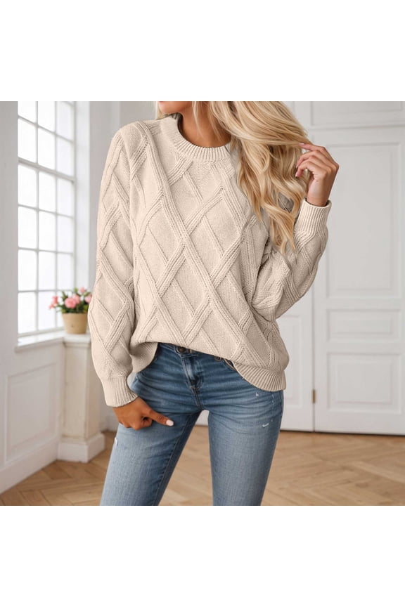 Women's Patterned Pullover Sweater Soft Knit Fabric Loose Fit Crewneck Casual Comfortable Everyday Wear Elegant Textured Yarn Cozy Winter Fall Garment