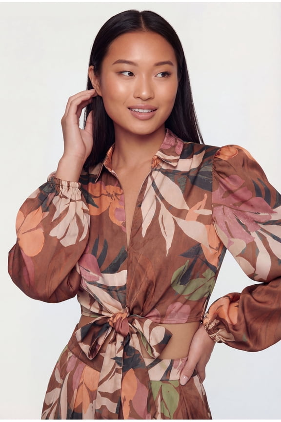 Women's Patterned Satin Print Tie Front Crop Top