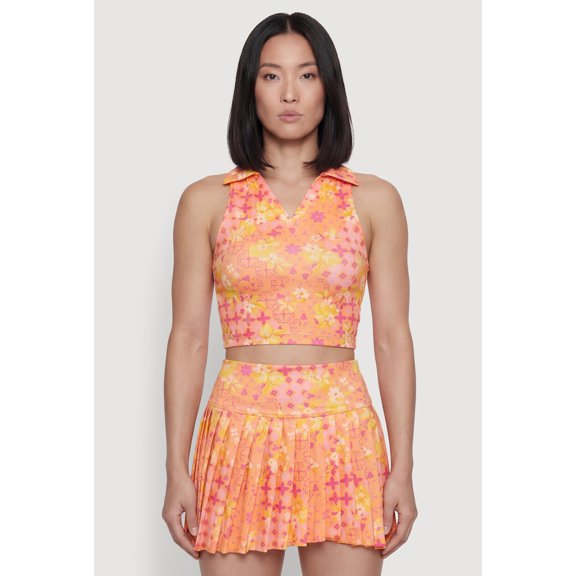 Women's Patterned Sleeveless Collared Crop Top