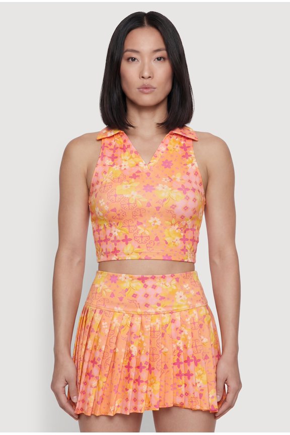 Women's Patterned Sleeveless Collared Crop Top